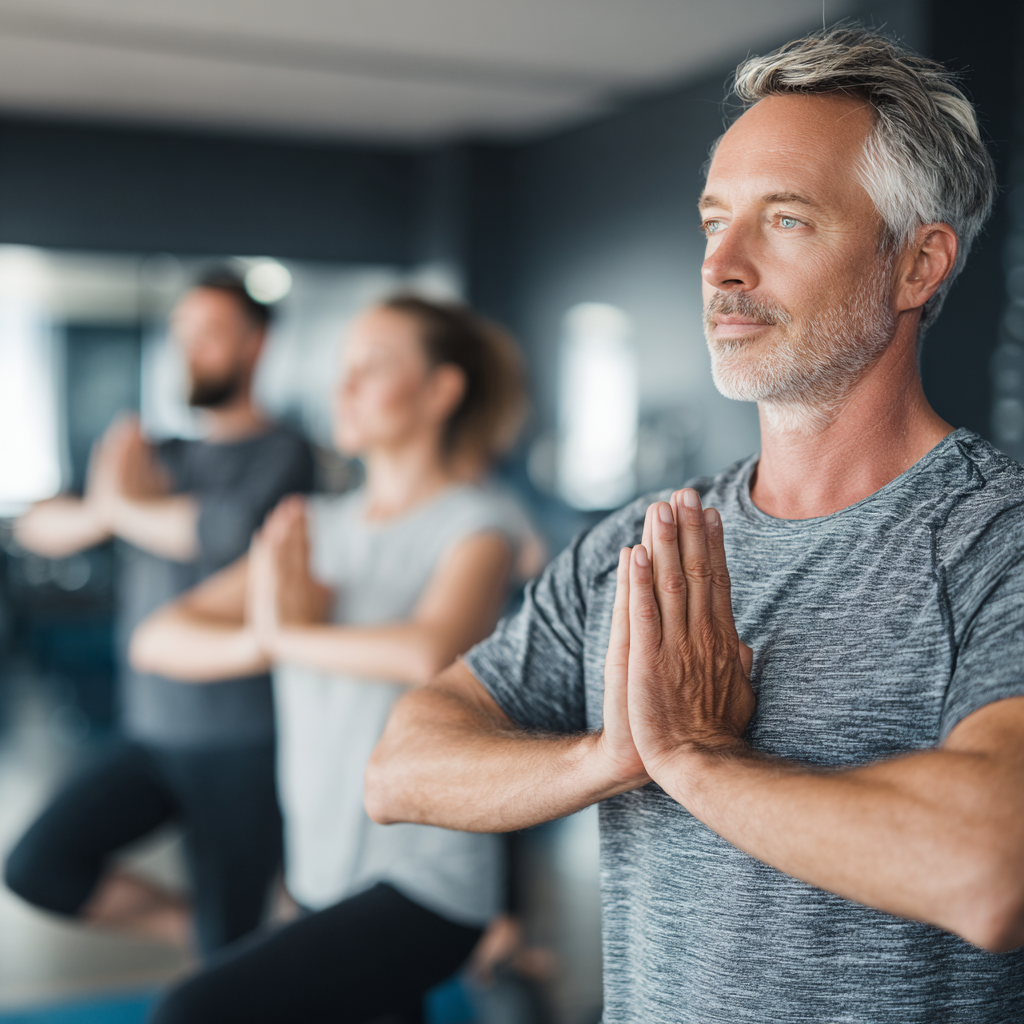 Middle-aged adults practicing mindful fitness routines in modern wellness center