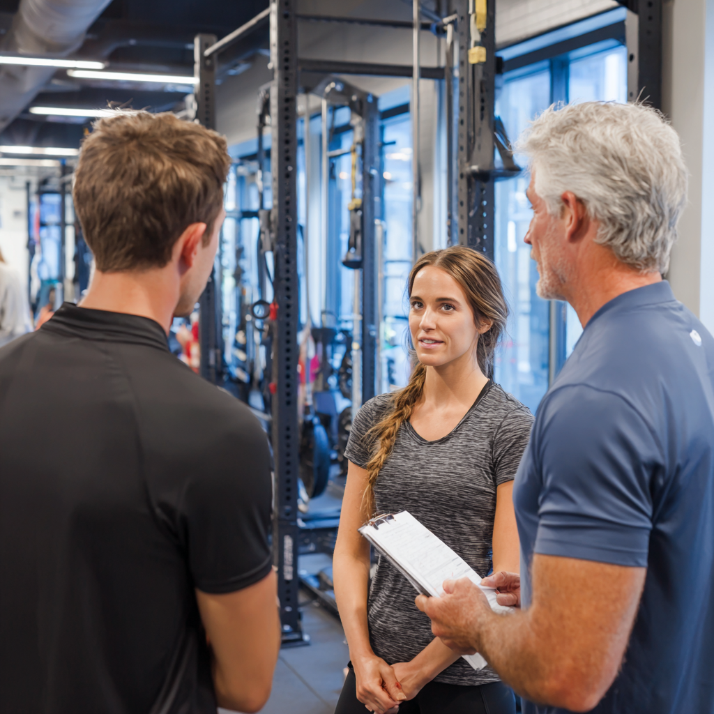 Professional fitness consultation with adults in modern training facility
